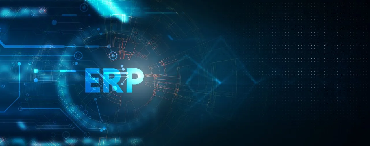The acronym ERP highlighted on a dark blue background with digital circuit lines
