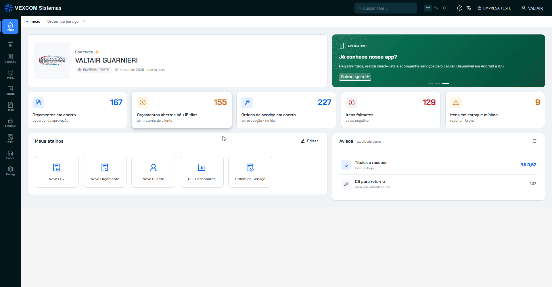 VEXCOM 2.0 on desktop: home dashboard with quotes, work orders and inventory